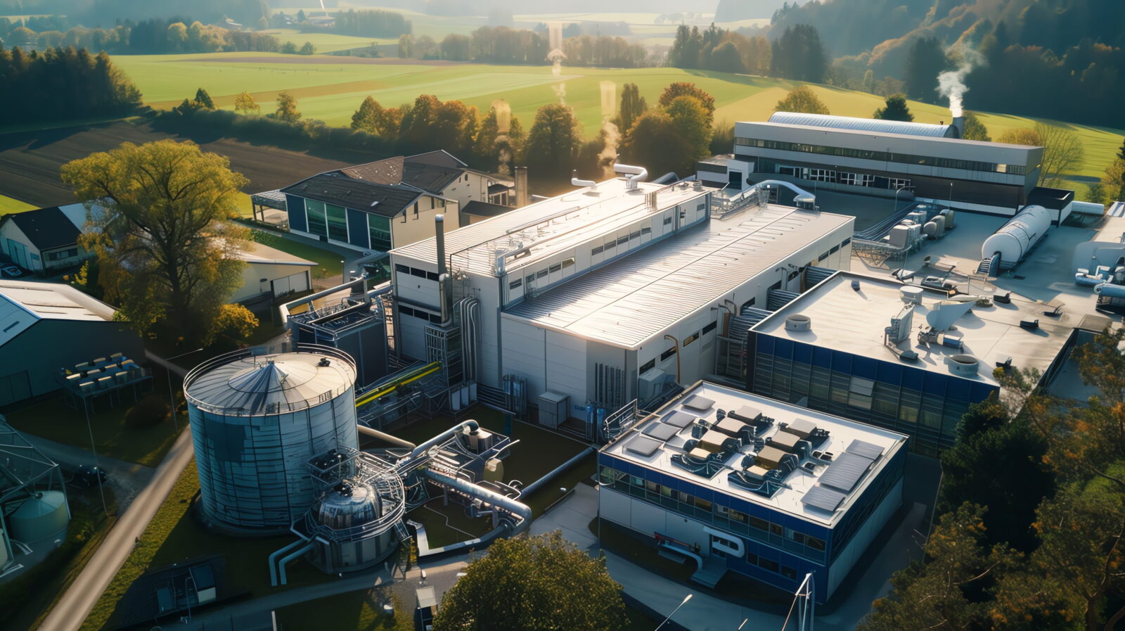 Aerial view of a large industrial facility with white buildings, tanks, and complex piping extending across the site, surrounded by fields and trees.