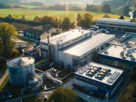 Aerial view of a large industrial facility with white buildings, tanks, and complex piping extending across the site, surrounded by fields and trees.