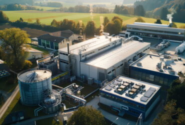 Aerial view of a large industrial facility with white buildings, tanks, and complex piping extending across the site, surrounded by fields and trees.