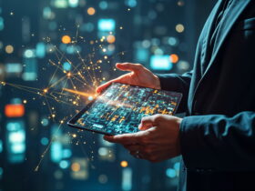Person in a suit holds a tablet displaying a data-dense screen, with glowing sparks in the foreground.
