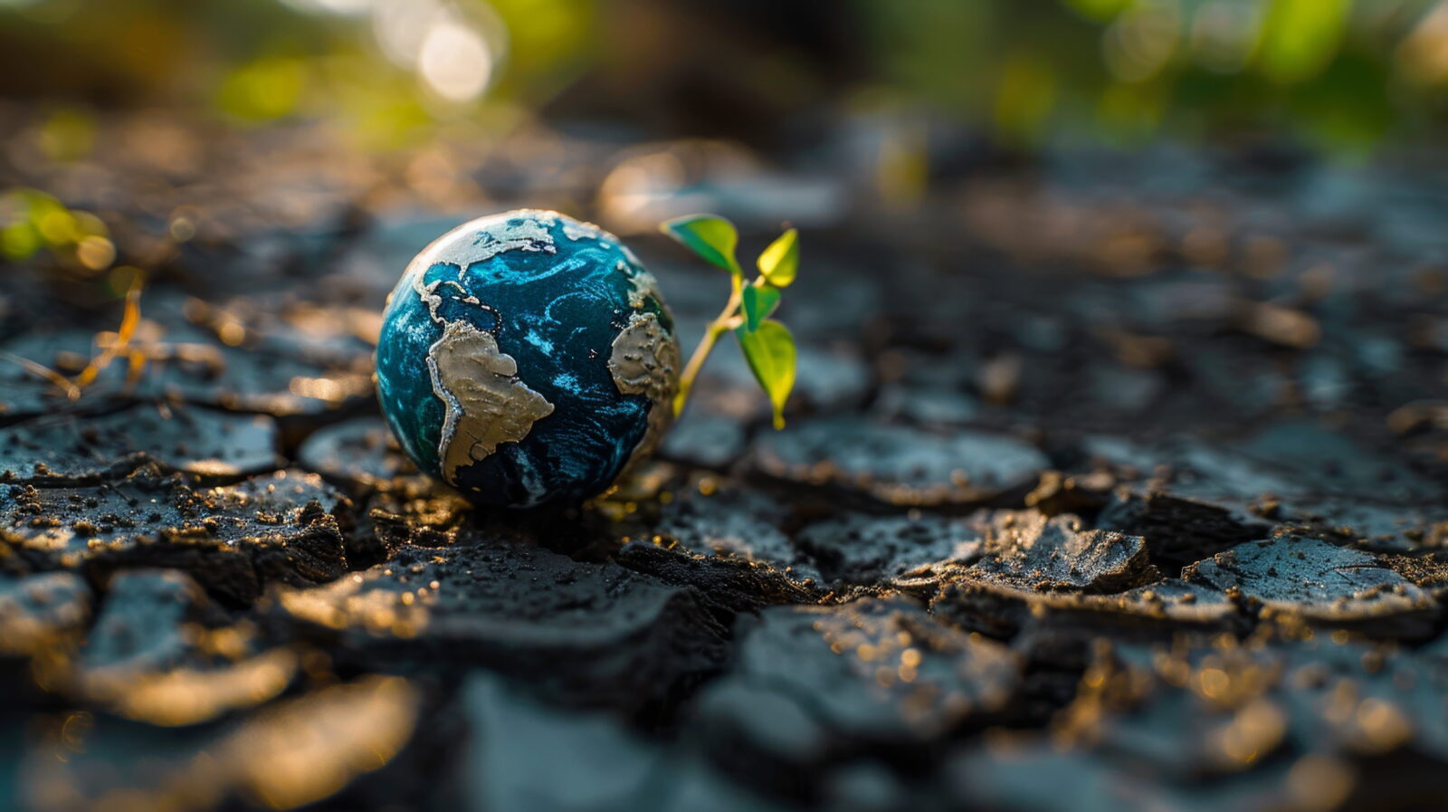 Small cracked globe sitting on dirt with a tiny green sprout growing beside it, sunlit scene.