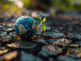 Small cracked globe sitting on dirt with a tiny green sprout growing beside it, sunlit scene.
