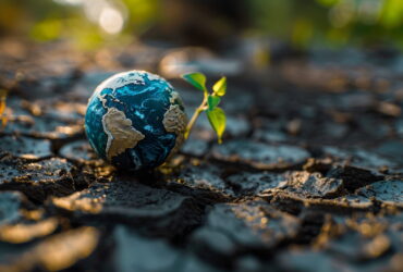 Small cracked globe sitting on dirt with a tiny green sprout growing beside it, sunlit scene.