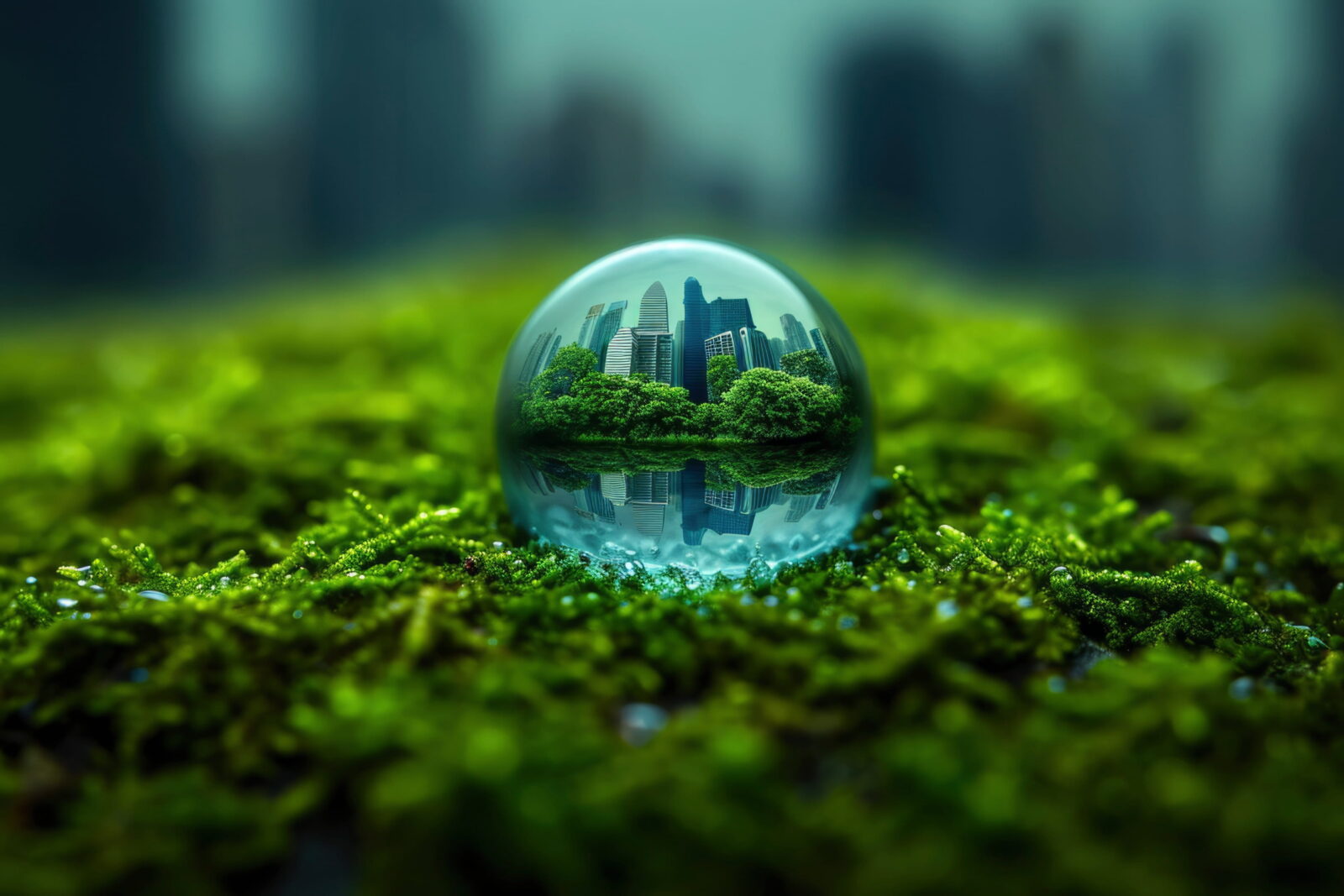 Glass sphere resting on moss reflects a city skyline with tall skyscrapers inside the orb.