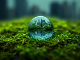 Glass sphere resting on moss reflects a city skyline with tall skyscrapers inside the orb.