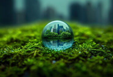 Glass sphere resting on moss reflects a city skyline with tall skyscrapers inside the orb.