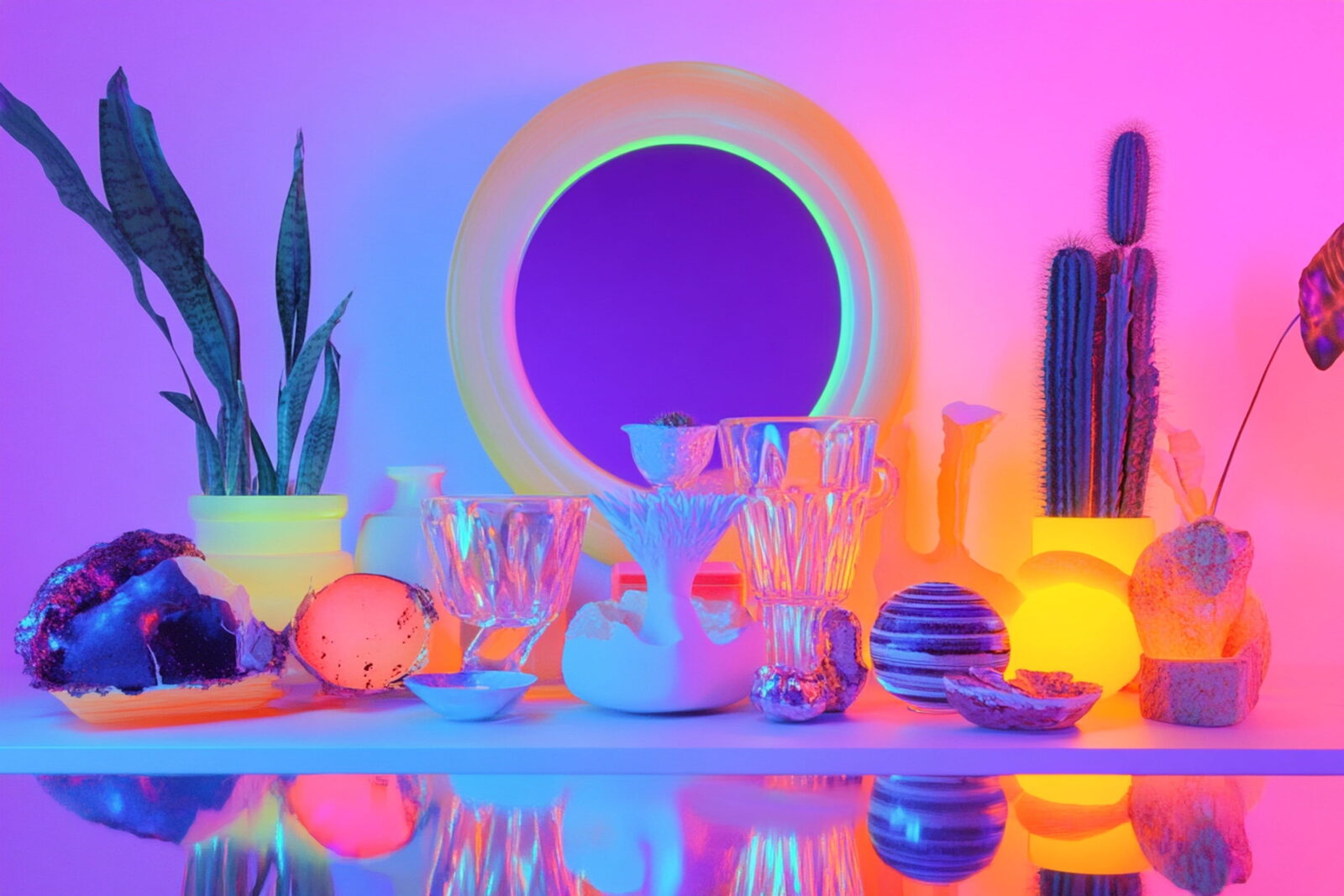 Vibrant still life with glass goblets, crystals, and cacti on a colorfully lit table, rainbow lighting throughout.