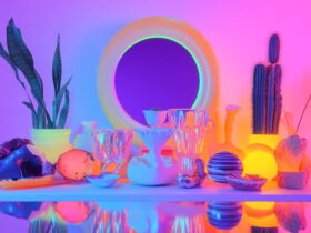 Vibrant still life with glass goblets, crystals, and cacti on a colorfully lit table, rainbow lighting throughout.