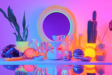 Vibrant still life with glass goblets, crystals, and cacti on a colorfully lit table, rainbow lighting throughout.