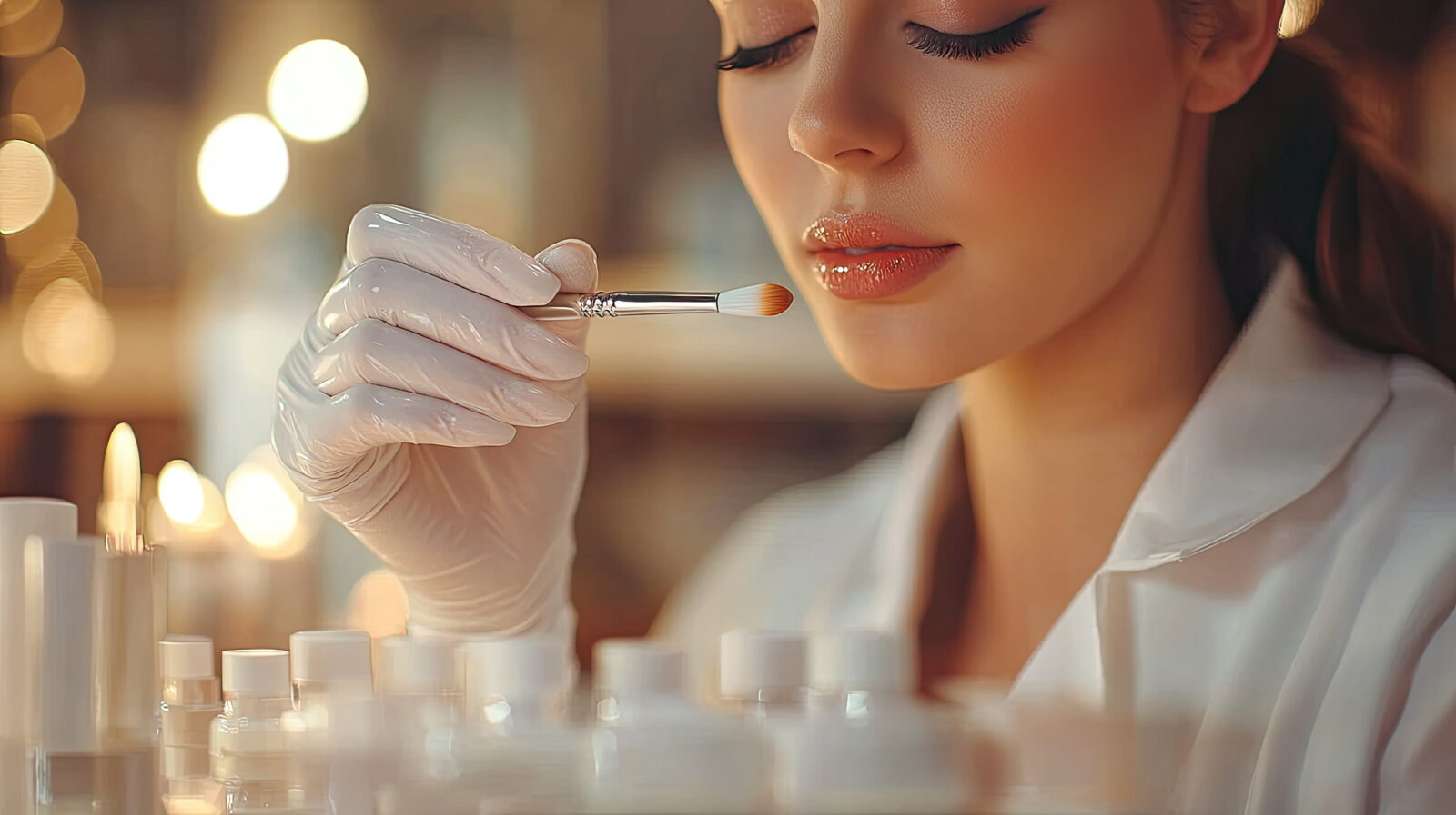 Close-up of a person in a lab coat wearing gloves and applying makeup with a brush, with cosmetic bottles on a bench in the background.