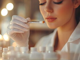 Close-up of a person in a lab coat wearing gloves and applying makeup with a brush, with cosmetic bottles on a bench in the background.