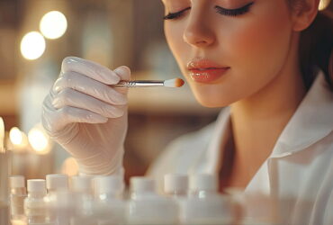 Close-up of a person in a lab coat wearing gloves and applying makeup with a brush, with cosmetic bottles on a bench in the background.