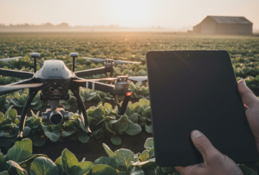Drone hovering over a vegetable field while a person holds a tablet nearby at sunset, for farm surveying.