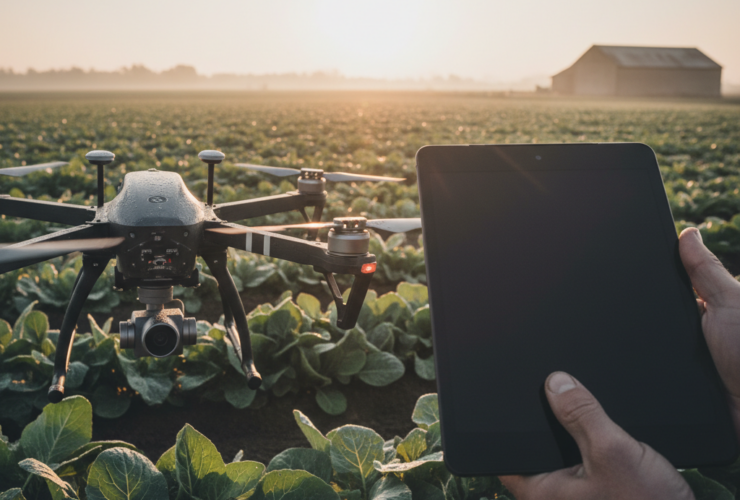 Drone hovering over a vegetable field while a person holds a tablet nearby at sunset, for farm surveying.