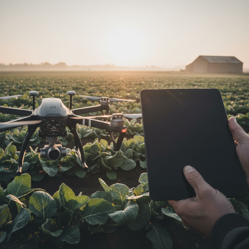 Drone hovering over a vegetable field while a person holds a tablet nearby at sunset, for farm surveying.