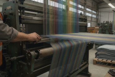 Industrial weaving loom in a factory, with rainbow-colored threads forming striped fabric as an worker guides the material onto the loom.