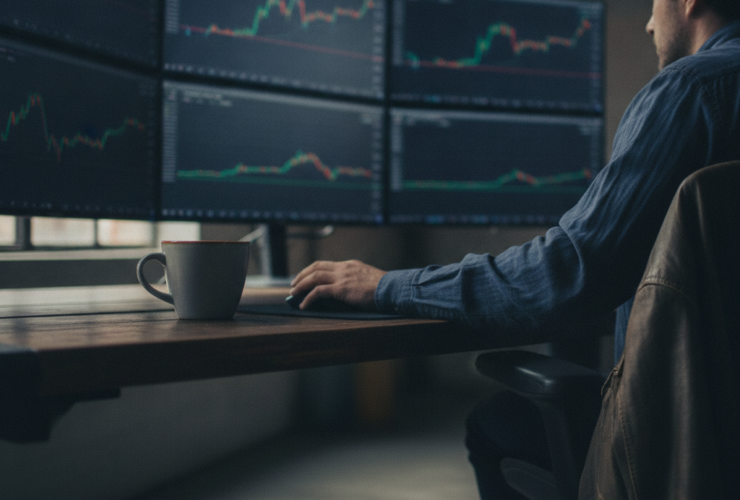 Trader seated at a desk with six monitors showing stock charts, a mug on the table, and a jacket draped over a chair behind him.