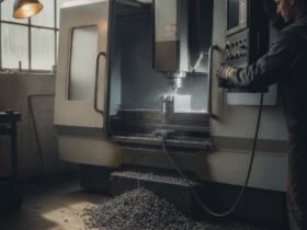 Operator monitors a CNC milling machine while metal shavings accumulate on the floor and machine bed in a dim workshop.