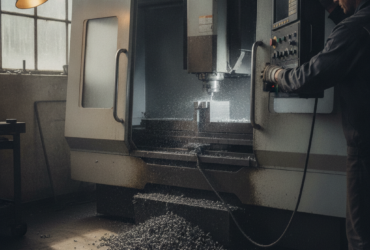 Operator monitors a CNC milling machine while metal shavings accumulate on the floor and machine bed in a dim workshop.