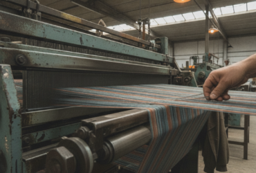 Hand guiding a multicolored striped fabric through a vintage loom in a textile workshop