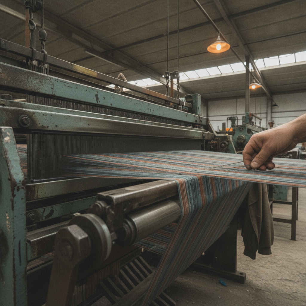 Hand guiding a multicolored striped fabric through a vintage loom in a textile workshop