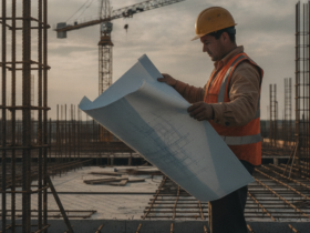 Construction worker in a hard hat and safety vest reviews blueprints on a building site.
