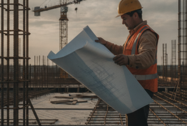 Construction worker in a hard hat and safety vest reviews blueprints on a building site.