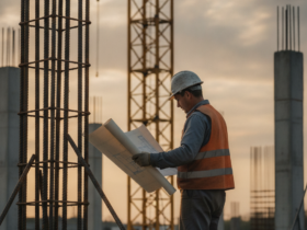 Construction worker in a hard hat and orange safety vest reviews blueprints at a building site during sunset.