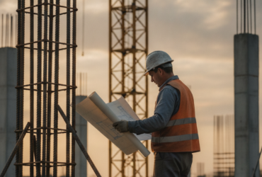 Construction worker in a hard hat and orange safety vest reviews blueprints at a building site during sunset.