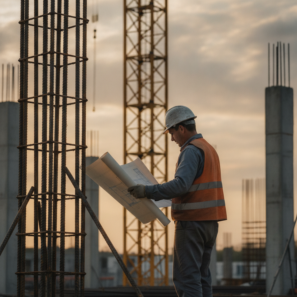 Construction worker in a hard hat and orange safety vest reviews blueprints at a building site during sunset.