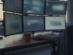Six-monitor computer setup on a wooden desk with a person typing and a brown coffee mug nearby.