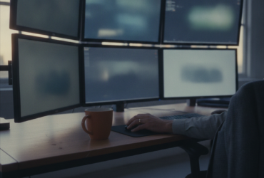 Six-monitor computer setup on a wooden desk with a person typing and a brown coffee mug nearby.