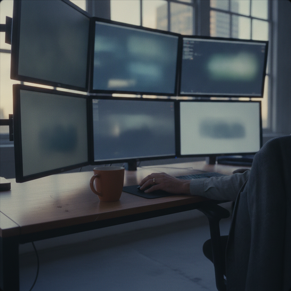 Six-monitor computer setup on a wooden desk with a person typing and a brown coffee mug nearby.