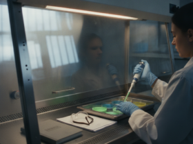 Scientist in a lab coat uses a pipette inside a biosafety cabinet, working with colorful petri dishes.