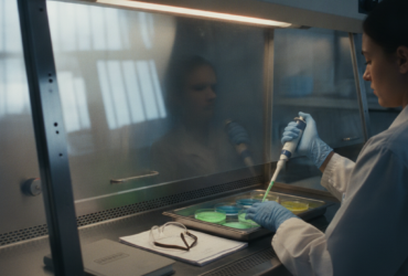 Scientist in a lab coat uses a pipette inside a biosafety cabinet, working with colorful petri dishes.
