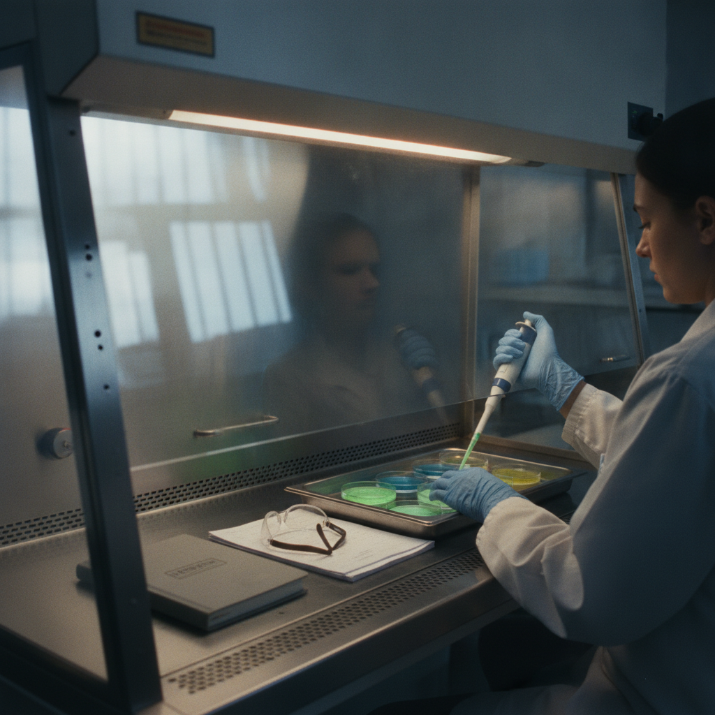 Scientist in a lab coat uses a pipette inside a biosafety cabinet, working with colorful petri dishes.
