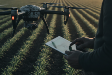 Drone hovering over orderly crop rows as a person monitors with a tablet at dawn in a field.