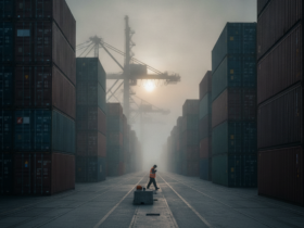 Port container yard at dawn; a worker in an orange safety vest stands on a central lane between tall shipping containers, with a large crane in the hazy background.