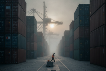 Port container yard at dawn; a worker in an orange safety vest stands on a central lane between tall shipping containers, with a large crane in the hazy background.