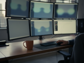 Six computer monitors arranged in a workstation, with code windows on some screens, a mug on the desk, and a hand using the mouse nearby.