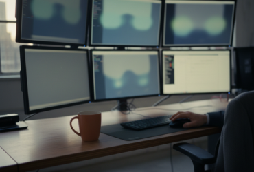 Six computer monitors arranged in a workstation, with code windows on some screens, a mug on the desk, and a hand using the mouse nearby.