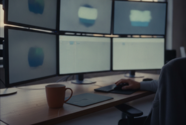Six-monitor workstation on a wooden desk with a mug and a person typing at a keyboard.