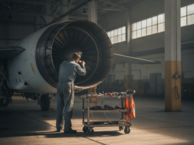 Maintenance technician in coveralls inspecting the open jet engine of a parked aircraft inside a hangar, with a wheeled tool cart nearby.