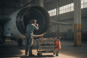 Maintenance technician in coveralls inspecting the open jet engine of a parked aircraft inside a hangar, with a wheeled tool cart nearby.