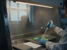 Lab scientist wearing gloves uses a micropipette to dispense liquid into a 96-well plate inside a biosafety cabinet.