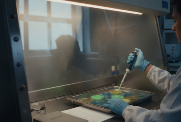 Lab scientist wearing gloves uses a micropipette to dispense liquid into a 96-well plate inside a biosafety cabinet.