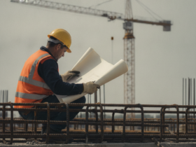 Construction worker in an orange safety vest and yellow helmet reviews rolled blueprints on a rebar-filled construction site with a crane in the background.