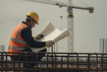 Construction worker in an orange safety vest and yellow helmet reviews rolled blueprints on a rebar-filled construction site with a crane in the background.