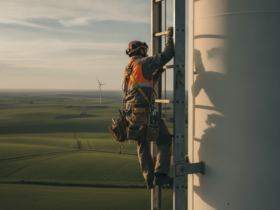 Construction worker in safety gear climbs a metal ladder on a wind turbine tower with fields in the background at sunset.