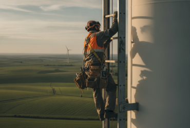 Construction worker in safety gear climbs a metal ladder on a wind turbine tower with fields in the background at sunset.